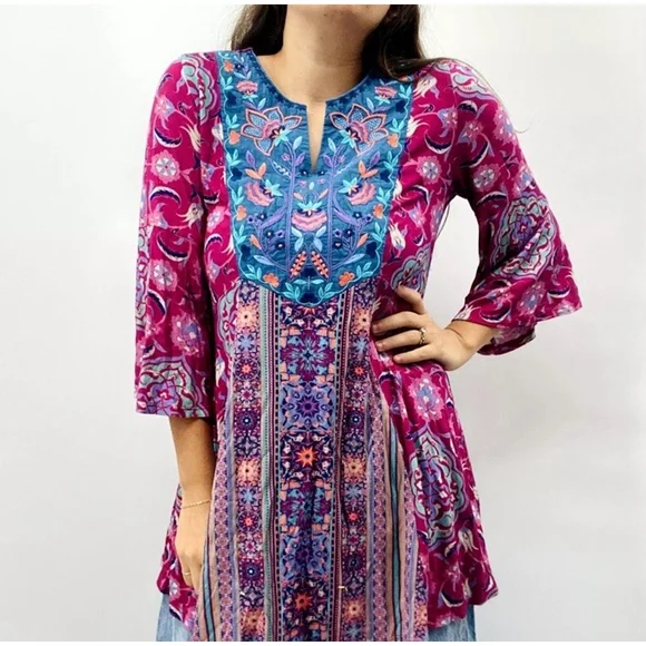 Soft Surroundings Tunic Top Large Pink Blue Floral Paisley Boho Embroidered S - Picture 2 of 14